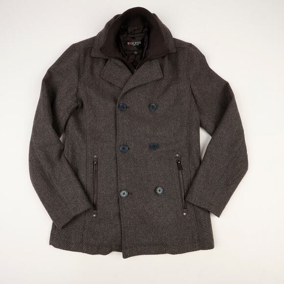 Guess Womens Small Wool Blend Double Breast Bib Insert Peacoat Herringbone Gray - Picture 1 of 12